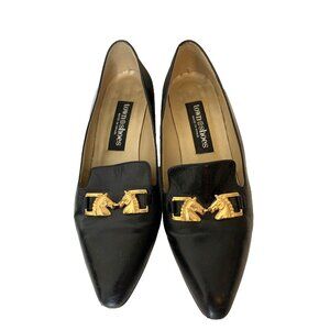 Black Slip On Leather Flats Loafer Shoes Horse Accents Spain Womens Sz 9